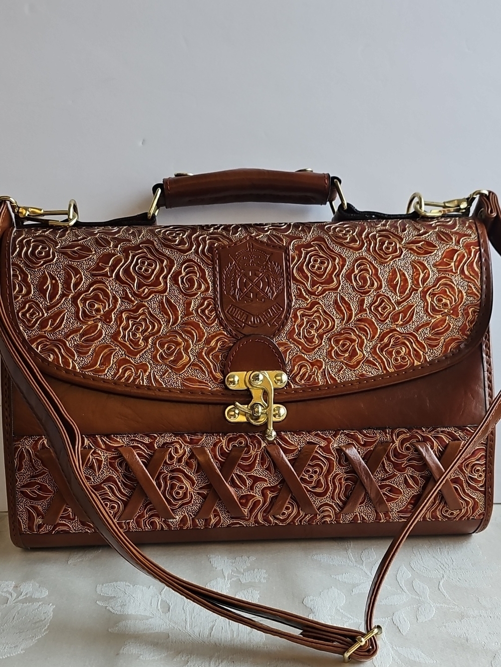 Dina Jordan Tooled Floral Leather Satchel Vintage Bag - Brown